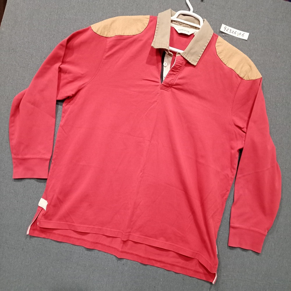Orvis Mens XL Red Long Sleeve Polo Shirt Cotton Shooting Patches Outdoor Rugged